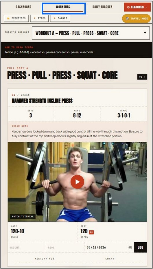 Workout Tracker — set logging, video tutorials, travel mode