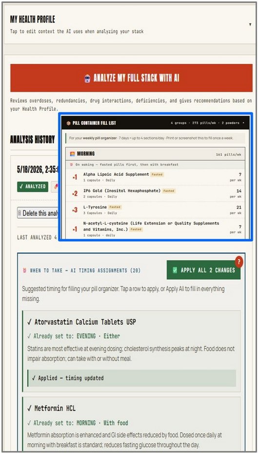 Supplement Stack — AI recommendations, timing, history